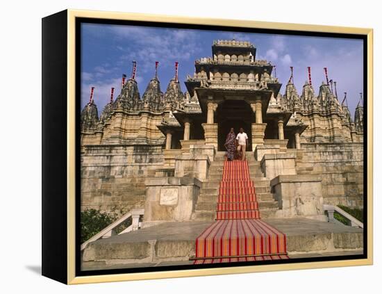 India, Rajasthan, Ranakpur, a Couple Descend Steps at the Famous Chaumukha Mandir, an Elaborately S-Amar Grover-Framed Premier Image Canvas