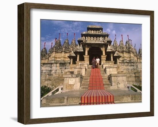 India, Rajasthan, Ranakpur, a Couple Descend Steps at the Famous Chaumukha Mandir, an Elaborately S-Amar Grover-Framed Photographic Print