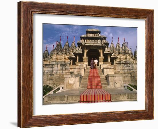 India, Rajasthan, Ranakpur, a Couple Descend Steps at the Famous Chaumukha Mandir, an Elaborately S-Amar Grover-Framed Photographic Print