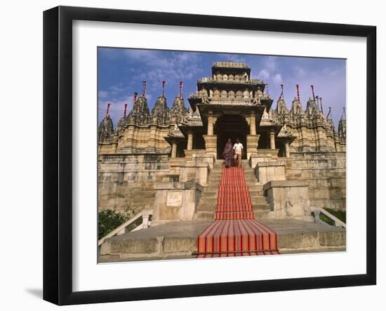 India, Rajasthan, Ranakpur, a Couple Descend Steps at the Famous Chaumukha Mandir, an Elaborately S-Amar Grover-Framed Photographic Print