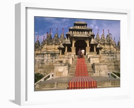 India, Rajasthan, Ranakpur, a Couple Descend Steps at the Famous Chaumukha Mandir, an Elaborately S-Amar Grover-Framed Photographic Print