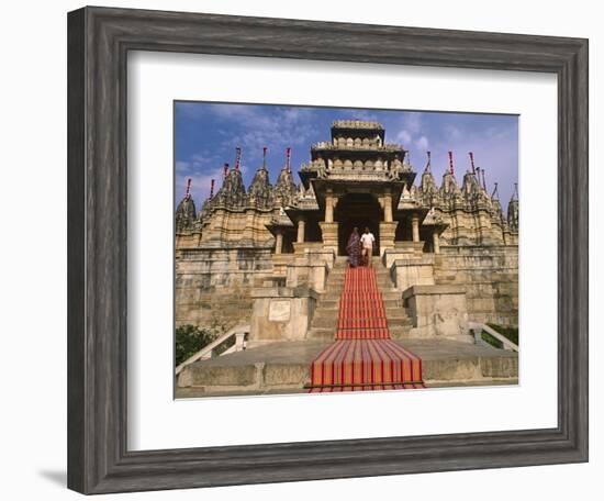 India, Rajasthan, Ranakpur, a Couple Descend Steps at the Famous Chaumukha Mandir, an Elaborately S-Amar Grover-Framed Photographic Print