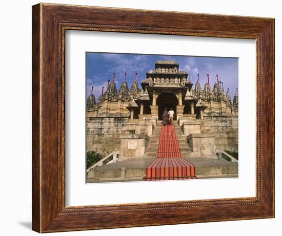 India, Rajasthan, Ranakpur, a Couple Descend Steps at the Famous Chaumukha Mandir, an Elaborately S-Amar Grover-Framed Photographic Print