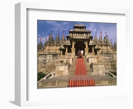 India, Rajasthan, Ranakpur, a Couple Descend Steps at the Famous Chaumukha Mandir, an Elaborately S-Amar Grover-Framed Photographic Print