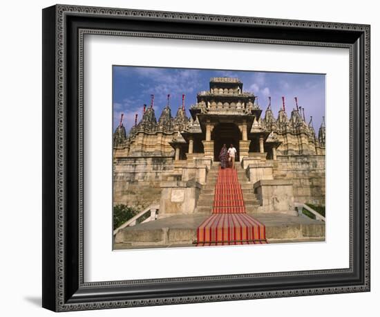 India, Rajasthan, Ranakpur, a Couple Descend Steps at the Famous Chaumukha Mandir, an Elaborately S-Amar Grover-Framed Photographic Print