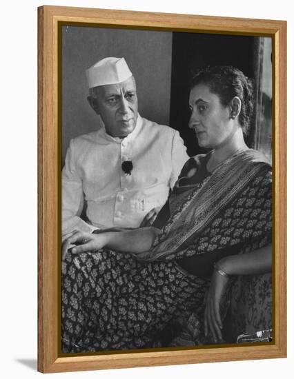 India's Prime Minister Jawaharlal Nehru with Daughter Indira Gandhi at the Asia African Conference-Lisa Larsen-Framed Premier Image Canvas