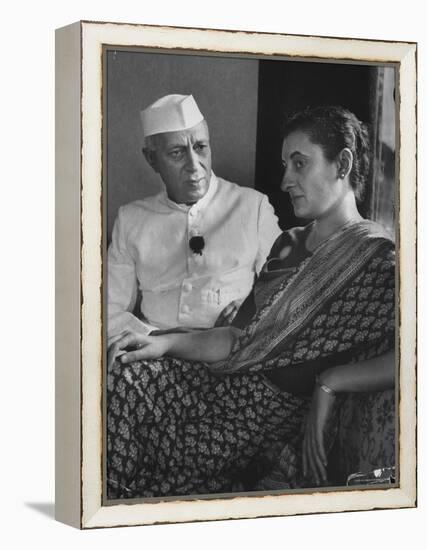 India's Prime Minister Jawaharlal Nehru with Daughter Indira Gandhi at the Asia African Conference-Lisa Larsen-Framed Premier Image Canvas