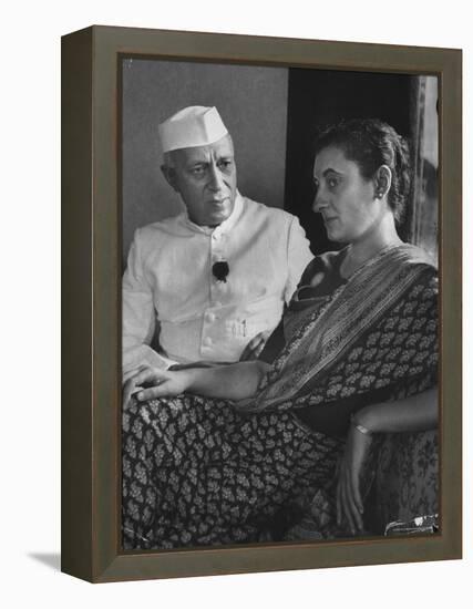 India's Prime Minister Jawaharlal Nehru with Daughter Indira Gandhi at the Asia African Conference-Lisa Larsen-Framed Premier Image Canvas