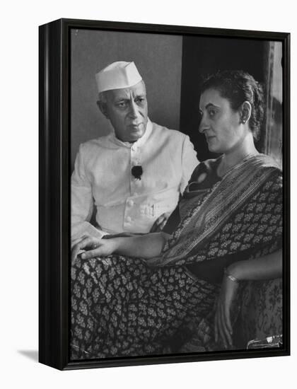 India's Prime Minister Jawaharlal Nehru with Daughter Indira Gandhi at the Asia African Conference-Lisa Larsen-Framed Premier Image Canvas