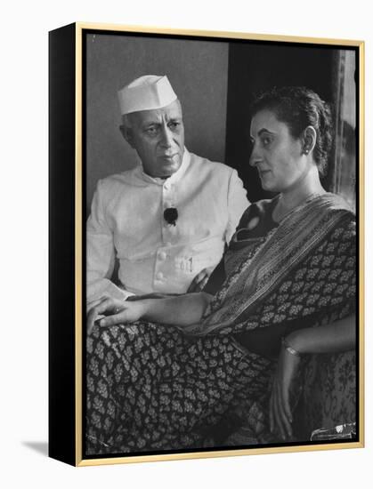 India's Prime Minister Jawaharlal Nehru with Daughter Indira Gandhi at the Asia African Conference-Lisa Larsen-Framed Premier Image Canvas