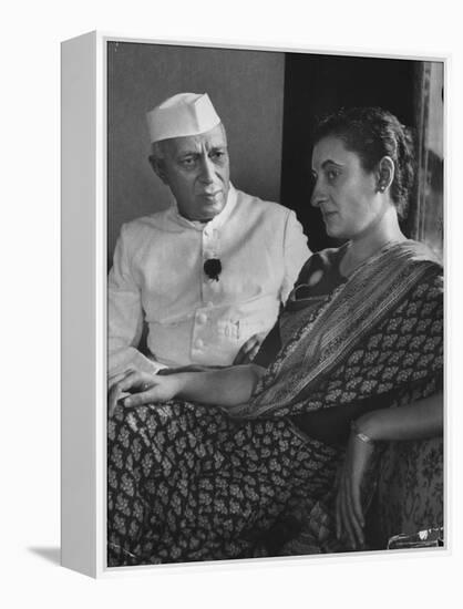 India's Prime Minister Jawaharlal Nehru with Daughter Indira Gandhi at the Asia African Conference-Lisa Larsen-Framed Premier Image Canvas