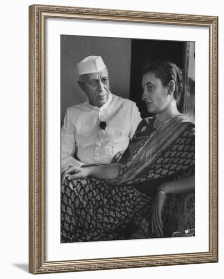 India's Prime Minister Jawaharlal Nehru with Daughter Indira Gandhi at the Asia African Conference-Lisa Larsen-Framed Premium Photographic Print