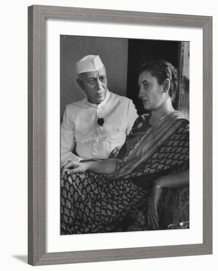 India's Prime Minister Jawaharlal Nehru with Daughter Indira Gandhi at the Asia African Conference-Lisa Larsen-Framed Premium Photographic Print