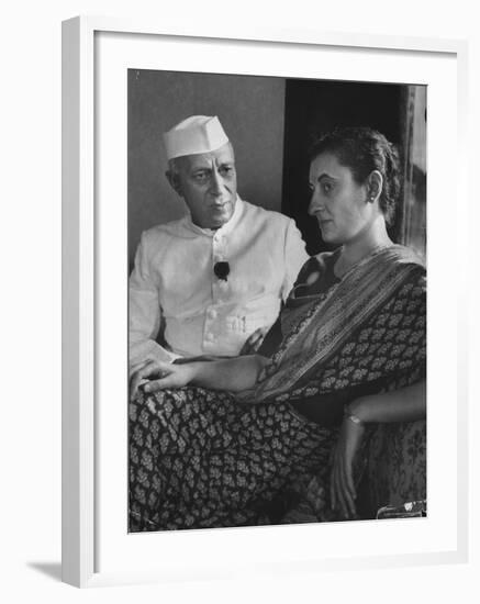 India's Prime Minister Jawaharlal Nehru with Daughter Indira Gandhi at the Asia African Conference-Lisa Larsen-Framed Premium Photographic Print