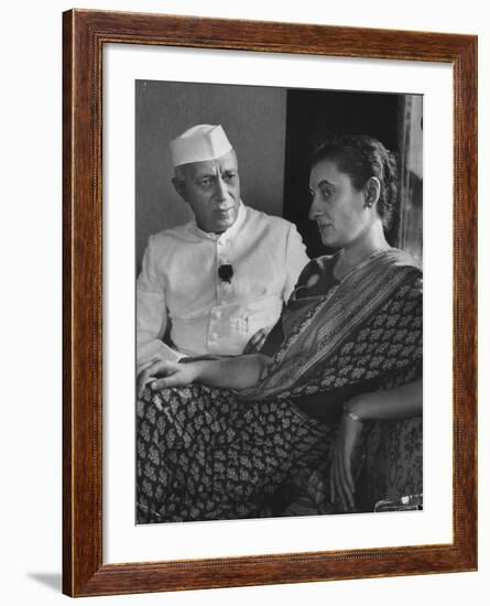 India's Prime Minister Jawaharlal Nehru with Daughter Indira Gandhi at the Asia African Conference-Lisa Larsen-Framed Premium Photographic Print