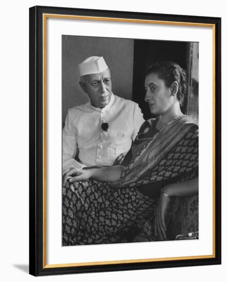 India's Prime Minister Jawaharlal Nehru with Daughter Indira Gandhi at the Asia African Conference-Lisa Larsen-Framed Premium Photographic Print