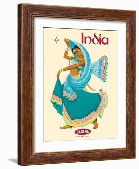 India - Sabena Belgian World Airlines - Native Indian Dancer, Vintage Airline Travel Poster, 1969-Pacifica Island Art-Framed Art Print