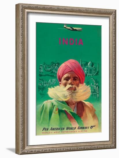 India - Sikh in Turban - Pan American World Airways - Vintage Airline Travel Poster, 1950s-Pacifica Island Art-Framed Art Print