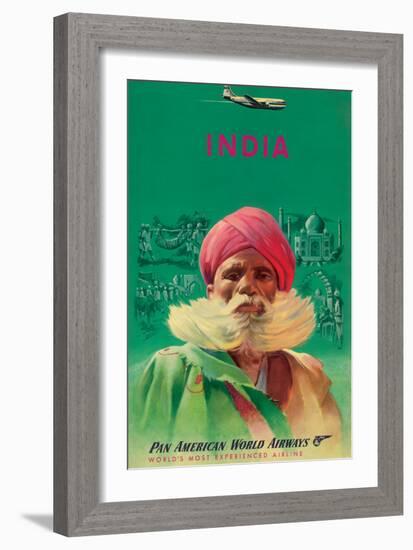 India - Sikh in Turban - Pan American World Airways - Vintage Airline Travel Poster, 1950s-Pacifica Island Art-Framed Art Print