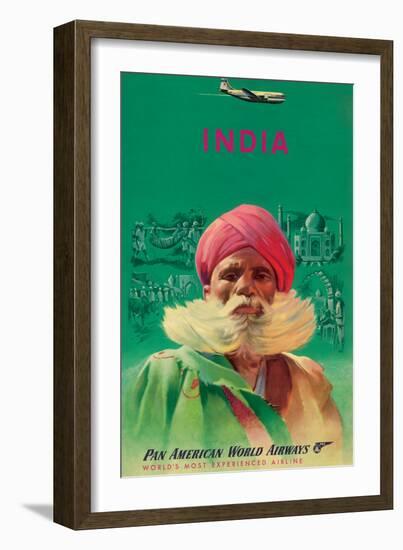 India - Sikh in Turban - Pan American World Airways - Vintage Airline Travel Poster, 1950s-Pacifica Island Art-Framed Art Print