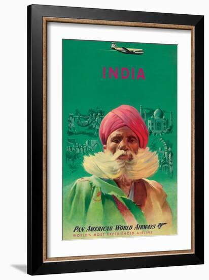 India - Sikh in Turban - Pan American World Airways - Vintage Airline Travel Poster, 1950s-Pacifica Island Art-Framed Art Print