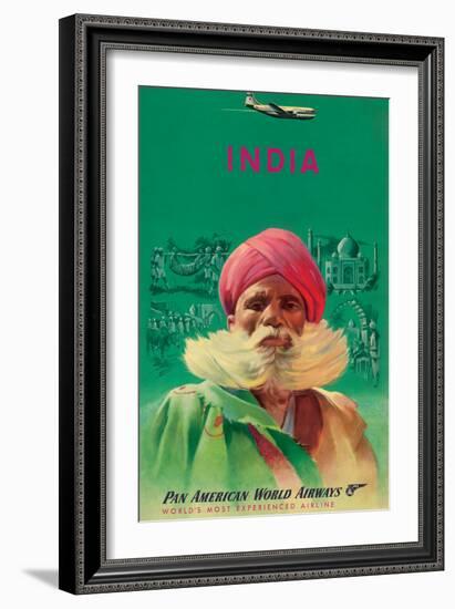 India - Sikh in Turban - Pan American World Airways - Vintage Airline Travel Poster, 1950s-Pacifica Island Art-Framed Art Print
