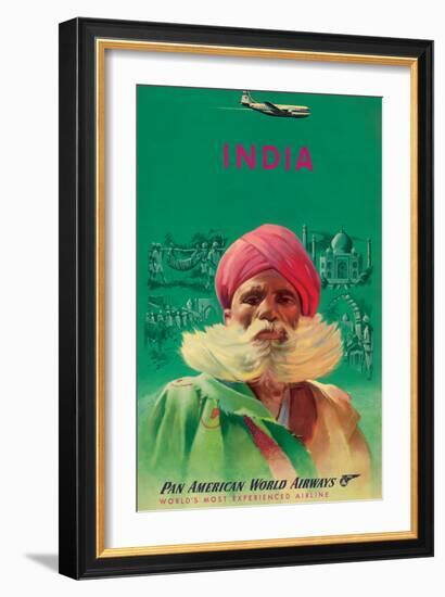 India - Sikh in Turban - Pan American World Airways - Vintage Airline Travel Poster, 1950s-Pacifica Island Art-Framed Art Print