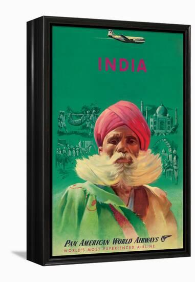 India - Sikh in Turban - Pan American World Airways - Vintage Airline Travel Poster, 1950s-Pacifica Island Art-Framed Stretched Canvas