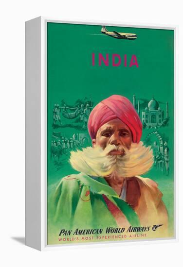 India - Sikh in Turban - Pan American World Airways - Vintage Airline Travel Poster, 1950s-Pacifica Island Art-Framed Stretched Canvas