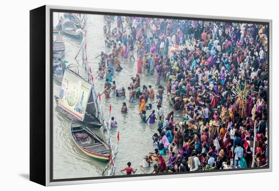 India, Sonepur, Devout Pilgrims Bathing in the Ganges River on Kartik Purnima-Ellen Clark-Framed Premier Image Canvas