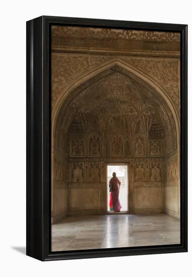 India, Uttar Pradesh, Agra, Agra Fort, a Woman in a Red Saree Walks Through the Interior-Alex Robinson-Framed Premier Image Canvas