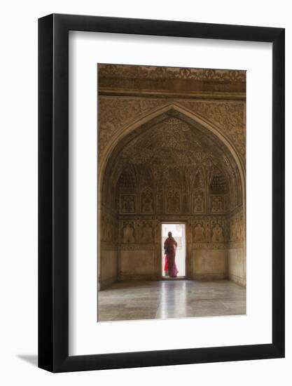 India, Uttar Pradesh, Agra, Agra Fort, a Woman in a Red Saree Walks Through the Interior-Alex Robinson-Framed Photographic Print