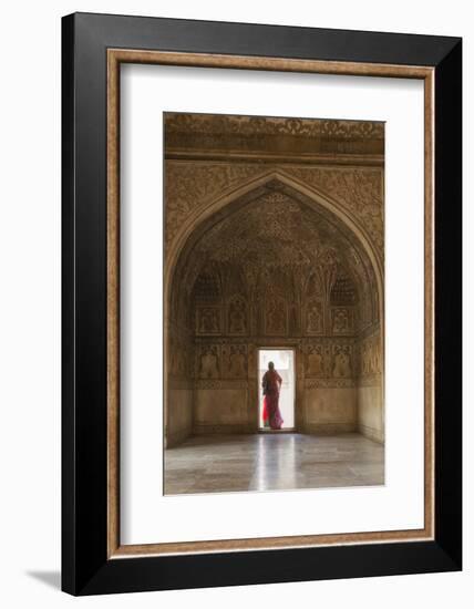 India, Uttar Pradesh, Agra, Agra Fort, a Woman in a Red Saree Walks Through the Interior-Alex Robinson-Framed Photographic Print