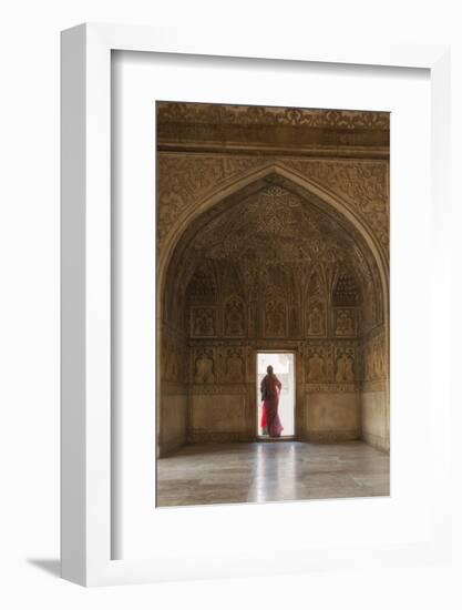 India, Uttar Pradesh, Agra, Agra Fort, a Woman in a Red Saree Walks Through the Interior-Alex Robinson-Framed Photographic Print