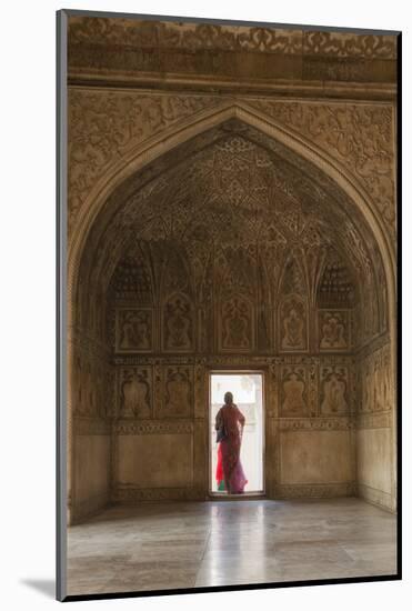 India, Uttar Pradesh, Agra, Agra Fort, a Woman in a Red Saree Walks Through the Interior-Alex Robinson-Mounted Photographic Print