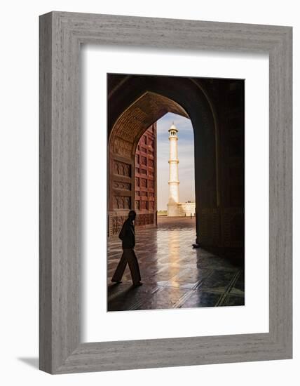 India, Uttar Pradesh. Agra. Taj Mahal minaret framed by mosque arch-Alison Jones-Framed Photographic Print