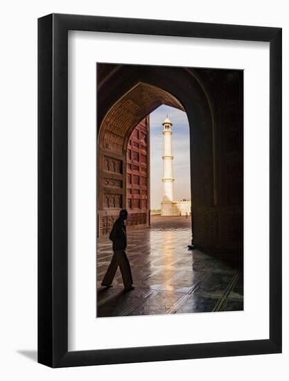 India, Uttar Pradesh. Agra. Taj Mahal minaret framed by mosque arch-Alison Jones-Framed Photographic Print