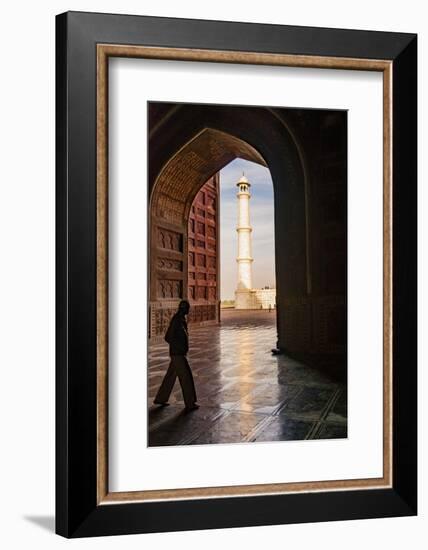 India, Uttar Pradesh. Agra. Taj Mahal minaret framed by mosque arch-Alison Jones-Framed Photographic Print