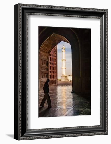India, Uttar Pradesh. Agra. Taj Mahal minaret framed by mosque arch-Alison Jones-Framed Photographic Print