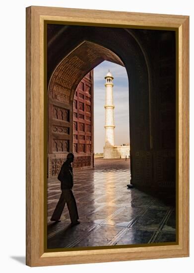 India, Uttar Pradesh. Agra. Taj Mahal minaret framed by mosque arch-Alison Jones-Framed Premier Image Canvas