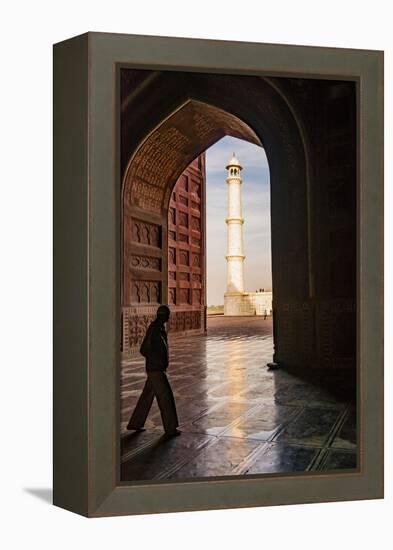 India, Uttar Pradesh. Agra. Taj Mahal minaret framed by mosque arch-Alison Jones-Framed Premier Image Canvas