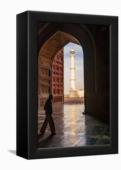 India, Uttar Pradesh. Agra. Taj Mahal minaret framed by mosque arch-Alison Jones-Framed Premier Image Canvas