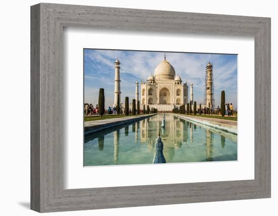 India, Uttar Pradesh. Agra. Taj Mahal tomb and minarets with reflecting pool in foreground-Alison Jones-Framed Photographic Print