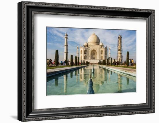 India, Uttar Pradesh. Agra. Taj Mahal tomb and minarets with reflecting pool in foreground-Alison Jones-Framed Photographic Print