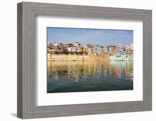 India, Uttar Pradesh. Varanasi on the Ganges River, view from river boat of Shitlo Ghat and Lal Gha-Alison Jones-Framed Photographic Print