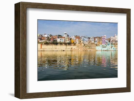 India, Uttar Pradesh. Varanasi on the Ganges River, view from river boat of Shitlo Ghat and Lal Gha-Alison Jones-Framed Photographic Print