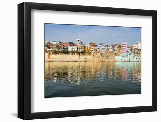 India, Uttar Pradesh. Varanasi on the Ganges River, view from river boat of Shitlo Ghat and Lal Gha-Alison Jones-Framed Photographic Print