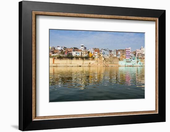 India, Uttar Pradesh. Varanasi on the Ganges River, view from river boat of Shitlo Ghat and Lal Gha-Alison Jones-Framed Photographic Print