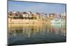 India, Uttar Pradesh. Varanasi on the Ganges River, view from river boat of Shitlo Ghat and Lal Gha-Alison Jones-Mounted Photographic Print