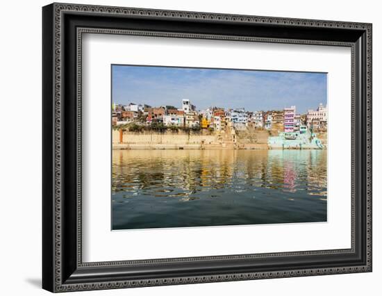 India, Uttar Pradesh. Varanasi on the Ganges River, view from river boat of Shitlo Ghat and Lal Gha-Alison Jones-Framed Photographic Print